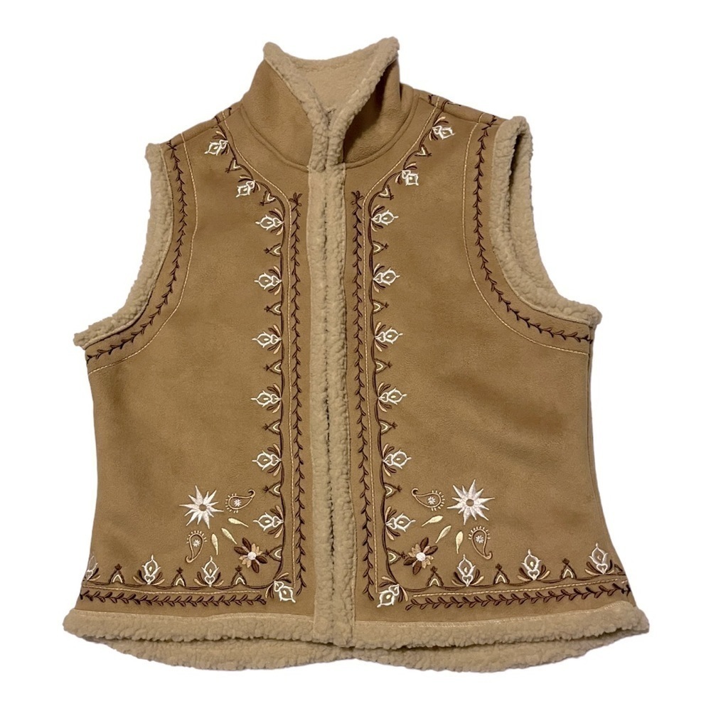 SHERPA lined faux suede camel tan reversible embroidered trim vest size L rustic